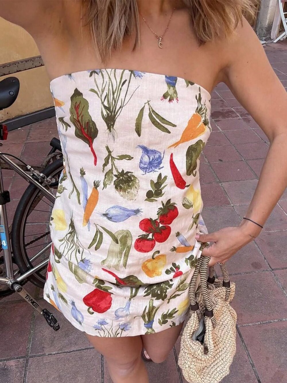 Apricot Women's Casual Short Strapless Mini Dress with Fruit & Vegetable Print - Picture 9 of 11